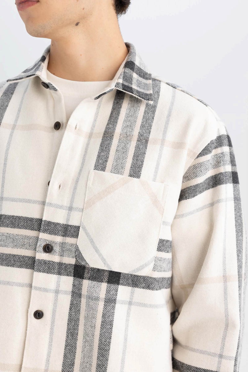 DeFacto Beige Man Regular Fit Polo Neck Plaid Long Sleeve Shirt Casual - Image 5